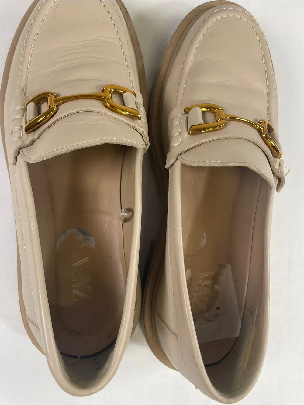 Zara Cream Leather Loafers with Gold Horsebit